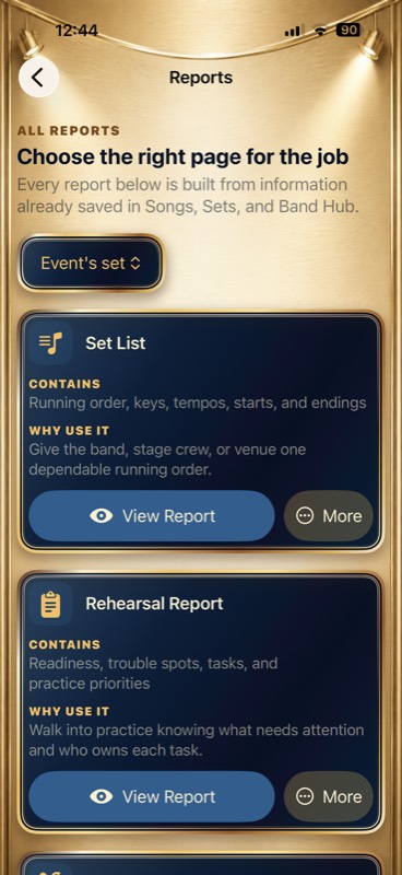 Reports: Set List and Rehearsal on iPhone